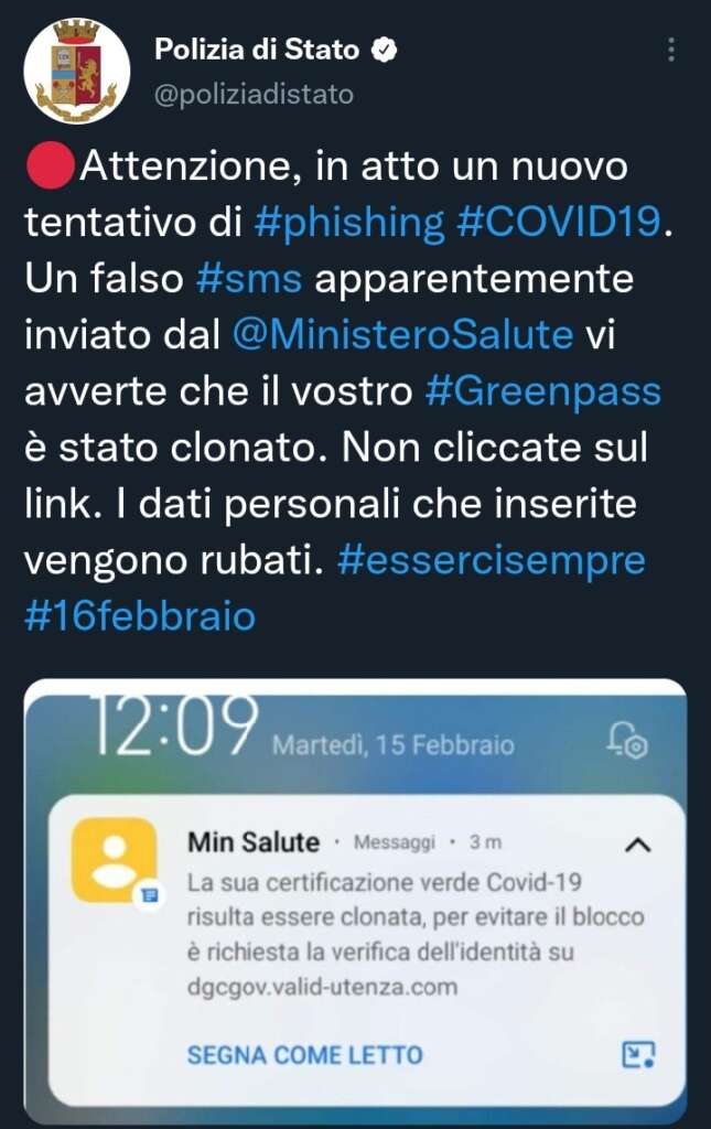 Smishing, questa volta è il green pass clonato l'esca 6 Questa immagine ha l'attributo alt vuoto; il nome del file è Screenshot_20220216-184153_Twitter-645x1024.jpg