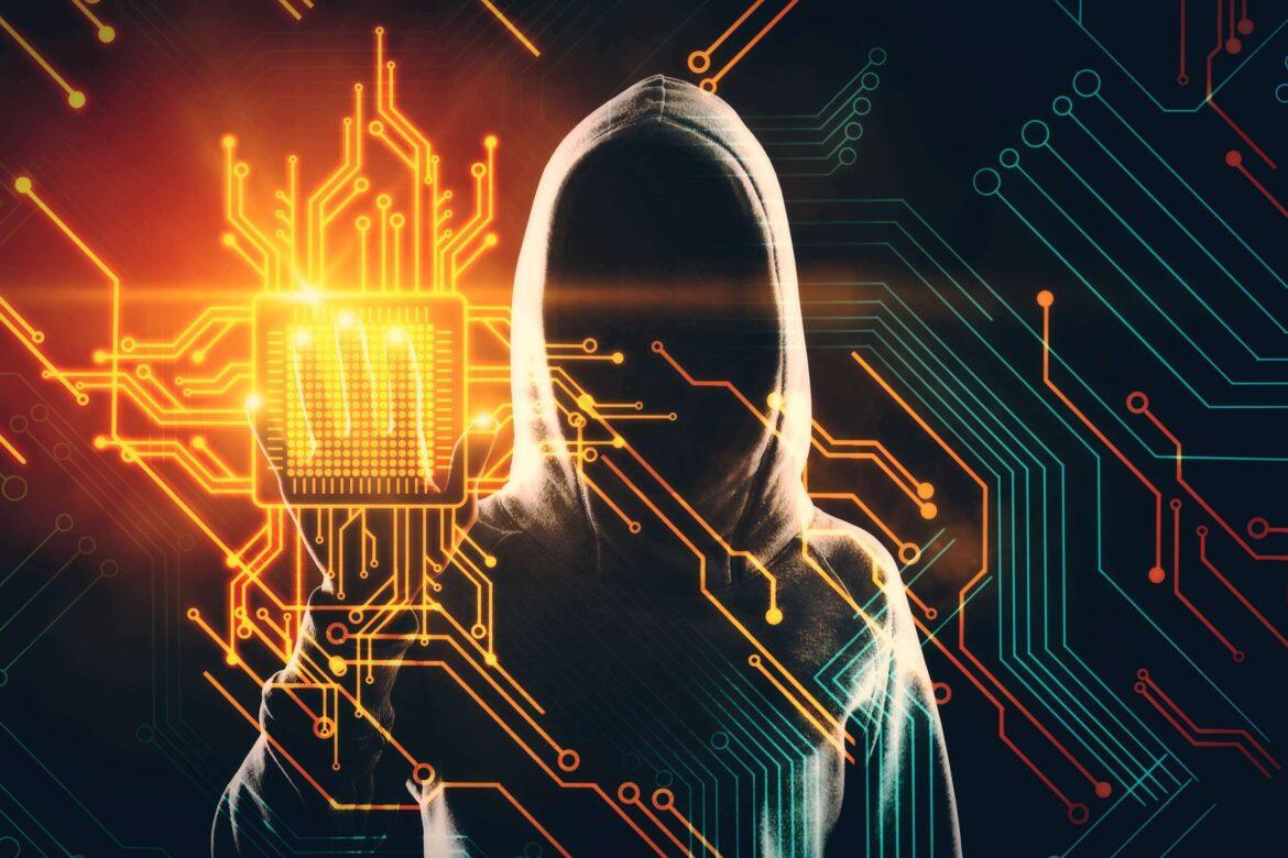 Hacker,Pointing,At,Creative,Circuit,Chip.,Artificial,Intelligence,And,Malware