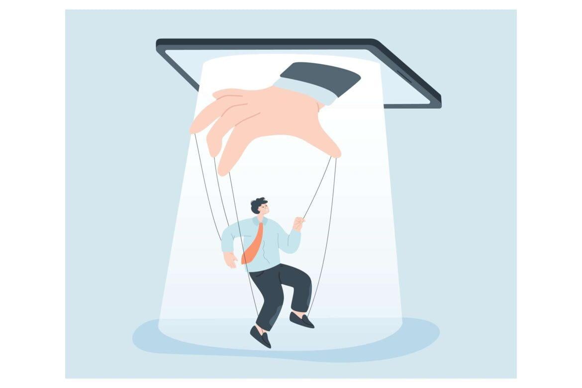 Office,Worker,As,Puppet,Of,Phone,Or,Tablet.,Persuasive,Propaganda