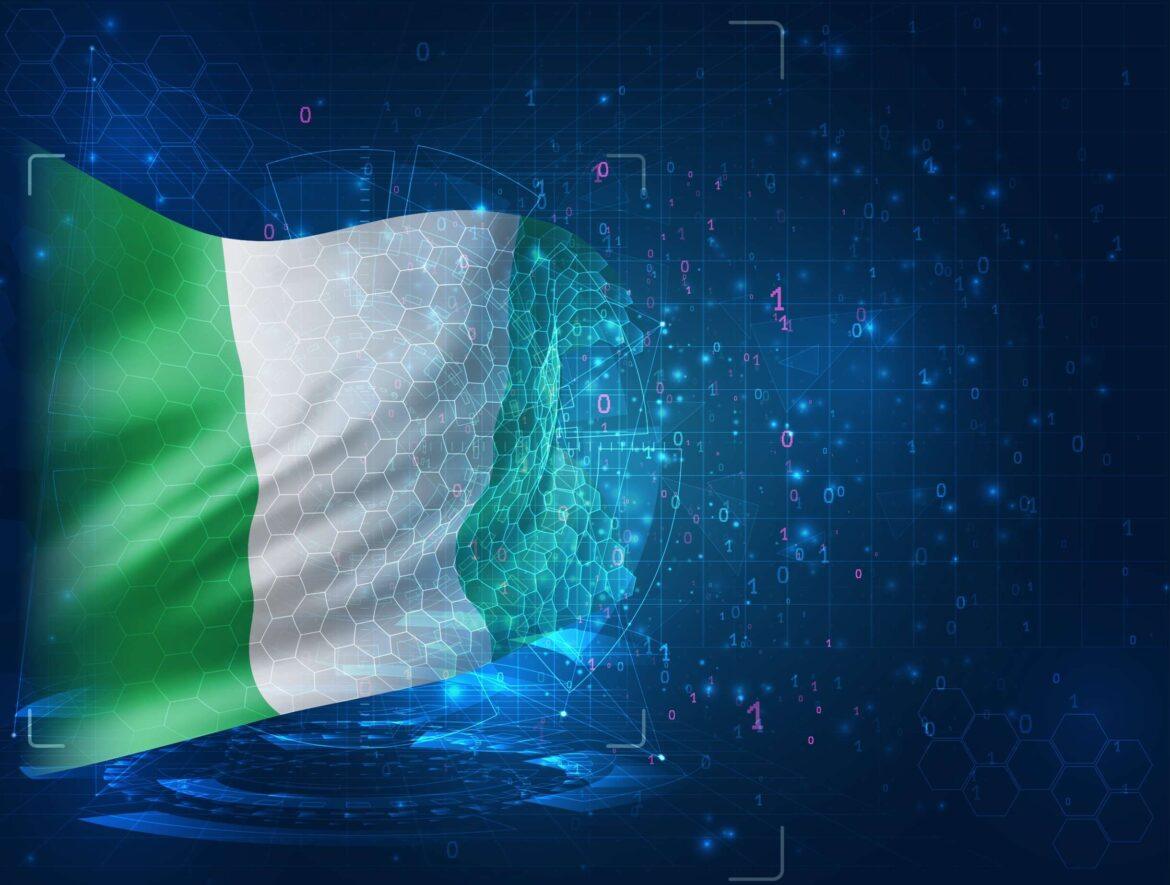 Nigeria,,Vector,3d,Flag,On,Blue,Background,With,Hud,Interfaces