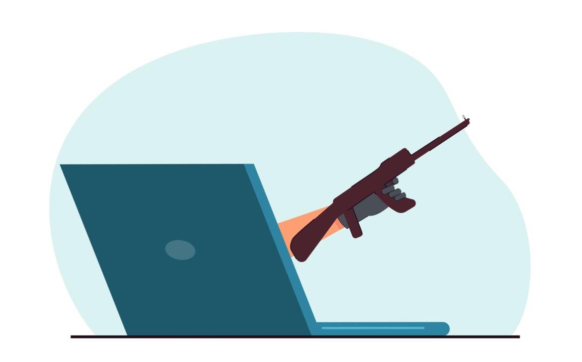 Hand,Of,Terrorist,Holding,Rifle,Coming,Out,Of,Laptop,Screen.