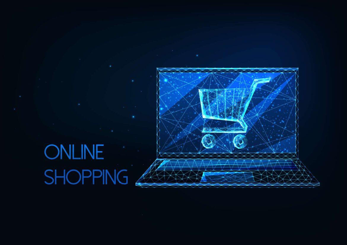 Futuristic,Online,Shopping,Concept,With,Glowing,Low,Polygonal,Laptop,And