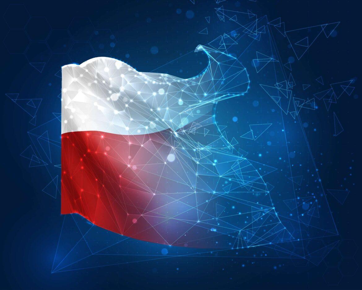 Poland,,Vector,3d,Flag,On,Blue,Background,With,Hud,Interfaces
