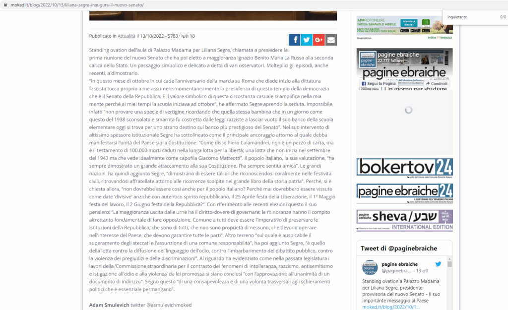 Rettifica: Moked ha modificato la notizia della Segre, senza rettificare, togliendo la parola inquietante. Nessuna fake news de La Stampa 7 image 21