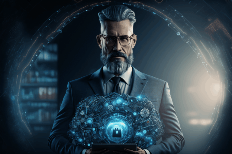 Cyber security network. Data protection concept. Businessman using laptop computer with digital padlock on internet technology networking with cloud computing and data management