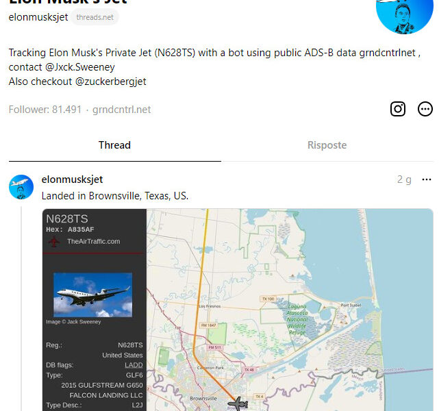 Bot Twitter che tracciava jet privato di Musk si sposta su Threads
