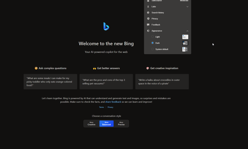 Bing AI di Microsoft supporta Google Chrome e la modalità scura