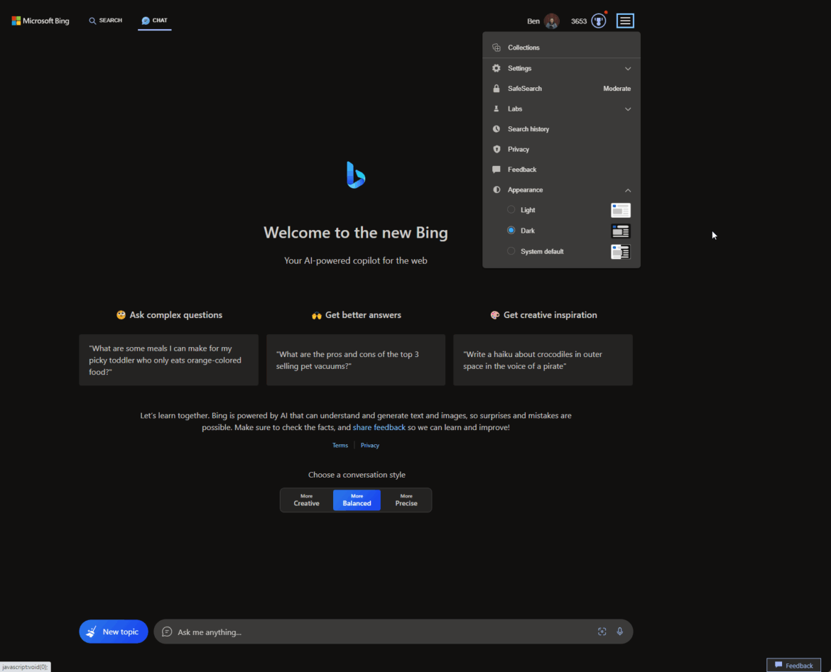 Bing AI di Microsoft supporta Google Chrome e la modalità scura