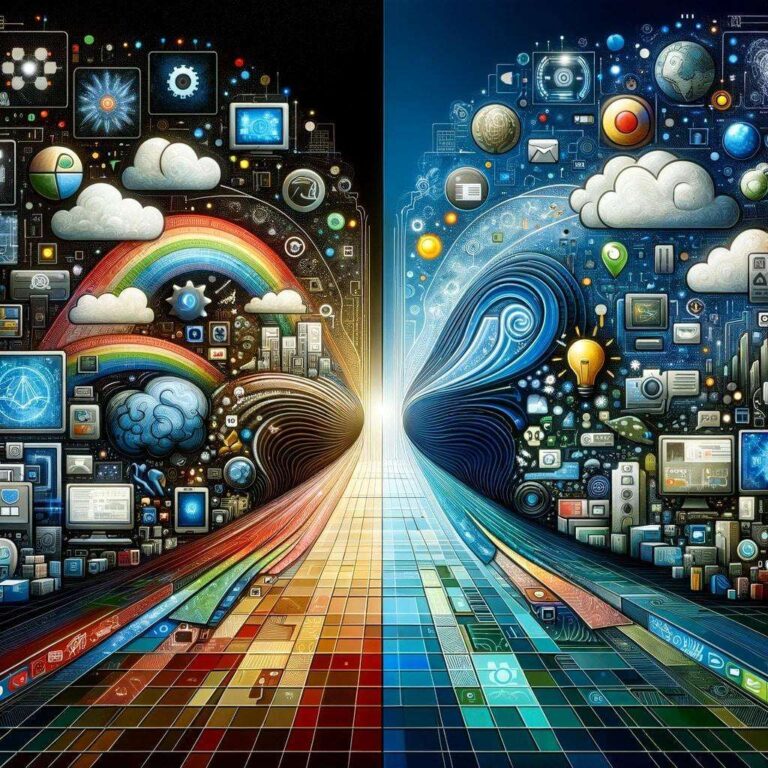 DALL·E 2023 11 09 19.54.57 An abstract illustration that conceptualizes the technological domains of two major tech companies. The scene is divided in two with one side filled