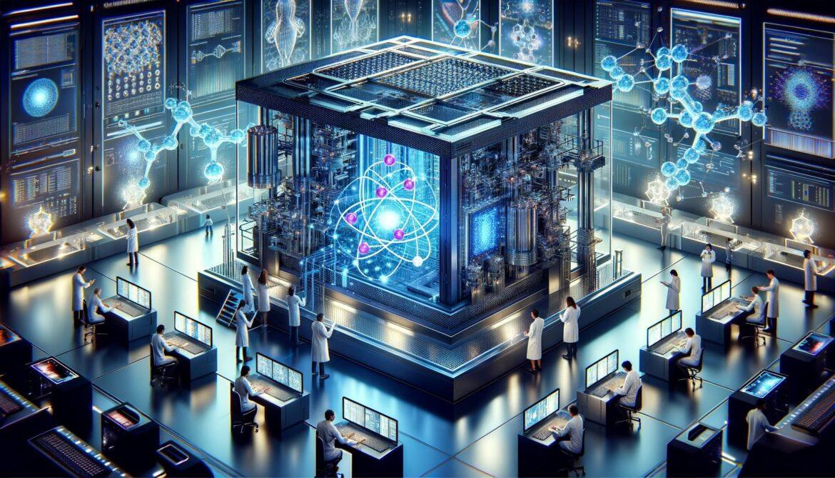 DALL·E 2023-11-13 09.52.17 – Depict a futuristic laboratory with a large, advanced quantum computer at its center, surrounded by complex quantum processors and glowing qubits. Sci