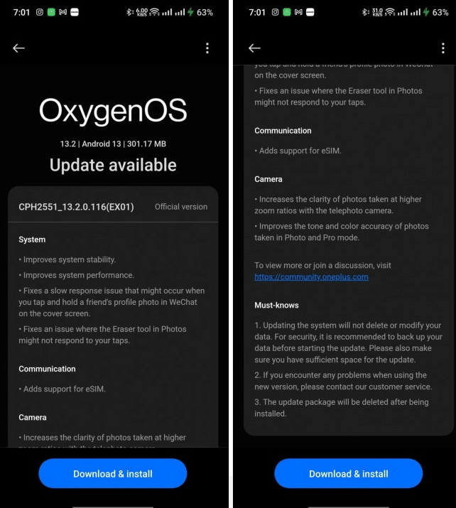 OnePlus Open: aggiornamento software abilita eSIM 6 Screenshot 2023 11 17 093835
