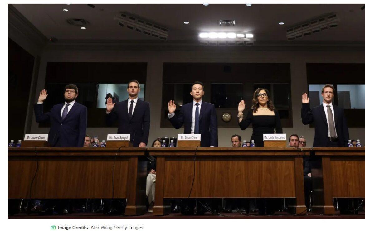 Mark Zuckerberg (Meta), Linda Yaccarino (X), Shou Zi Chew (TikTok) e Evan Spiegel (Snapchat)