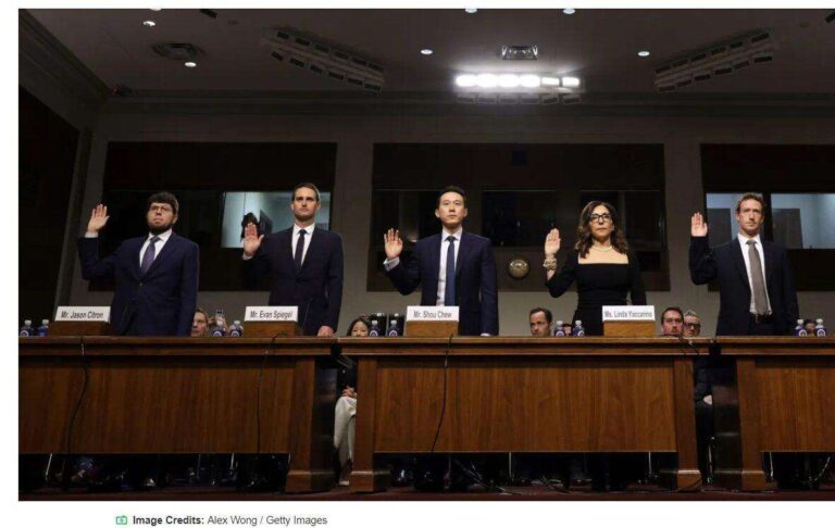 Mark Zuckerberg (Meta), Linda Yaccarino (X), Shou Zi Chew (TikTok) e Evan Spiegel (Snapchat)
