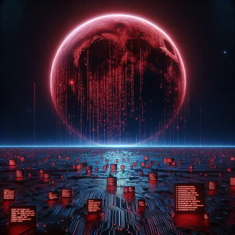 DALL·E 2024 03 27 09.41.49 Una rappresentazione visiva del malware TheMoon concepita come unentita astratta e minacciosa che simboleggia la distruzione digitale. Limmagine