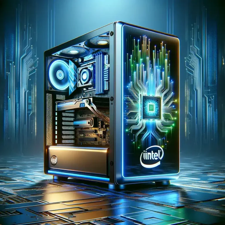 DALL·E 2024 03 27 10.07.12 Immagina un PC futuristico risultato di una collaborazione innovativa tra Intel e Microsoft dedicato allintelligenza artificiale. Questo computer s