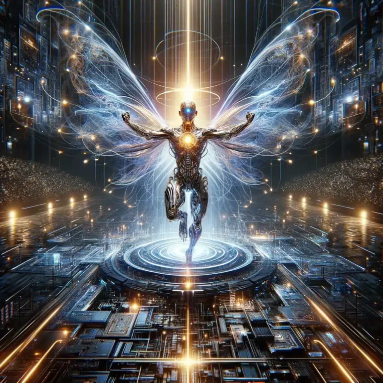 DALL·E 2024 03 27 18.28.03 Visualizza una scena epica e dinamica ambientata in unarena futuristica simboleggiando una competizione tra intelligenze artificiali. Al centro dell