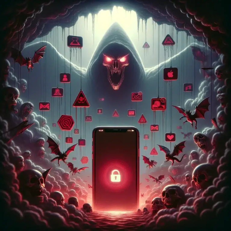 DALL·E 2024 03 28 12.06.24 Illustra un concetto astratto e sofisticato per il nuovo servizio di phishing Darcula che prende di mira gli utenti iPhone attraverso iMessage. Li