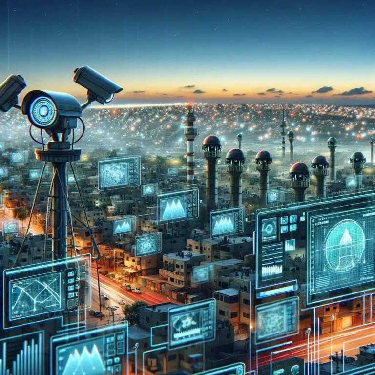 DALL·E 2024 03 28 12.53.50 Illustra unimmagine che catturi lessenza del riconoscimento facciale a Gaza con enfasi sulluso della tecnologia di Corsight da parte di Israele. V