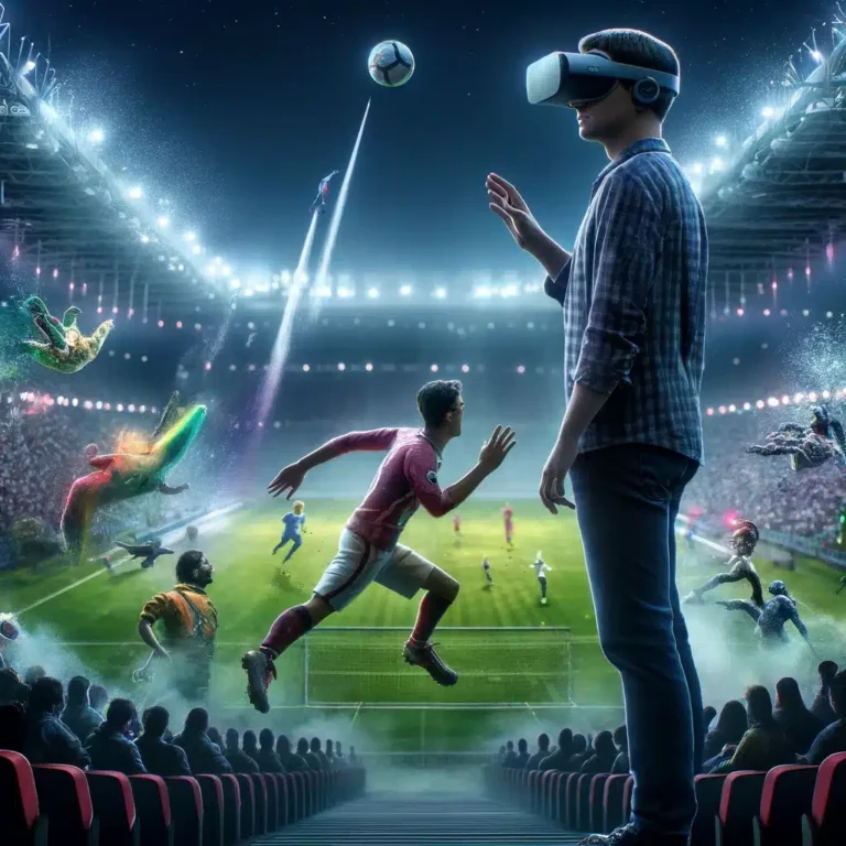 DALL·E 2024 03 28 18.46.50 Visualizza il lancio del primo film sportivo di Apple in formato video immersivo specificamente creato per il dispositivo Vision Pro. Limmagine catt