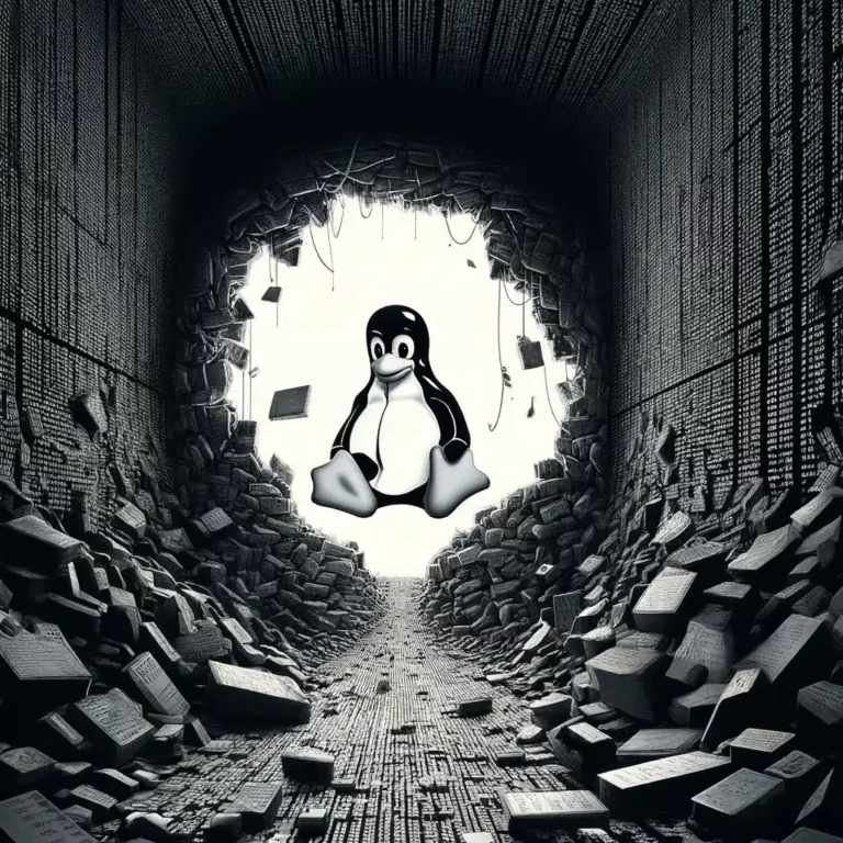 DALL·E 2024 03 29 10.42.27 Crea unimmagine che rappresenti la vulnerabilita WallEscape in Linux includendo esplicitamente riferimenti a Linux come il logo del pinguino Tux