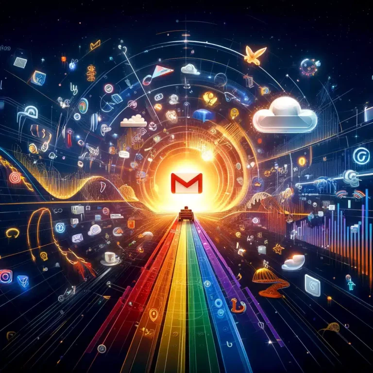 DALL·E 2024 03 29 17.14.24 Crea unimmagine che catturi lessenza dellevoluzione digitale di Google evidenziando due eventi significativi il 20° anniversario di Gmail simbol
