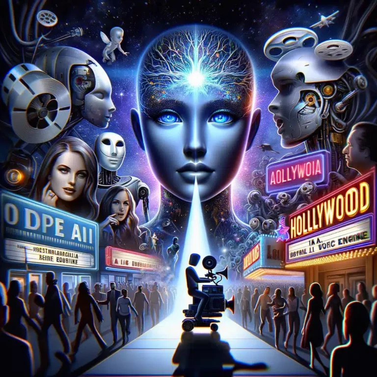 DALL·E 2024 03 29 18.57.00 Raffigura unimmagine che simboleggi la collaborazione tra OpenAI e Hollywood per il progetto Sora con lintroduzione di Voice Engine. Immagina una s
