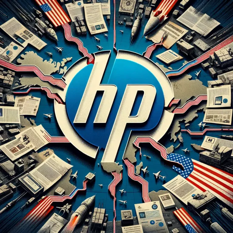 DALL·E 2024 04 01 12.20.49 Raffigura unimmagine che simboleggi la decisione di HP di uscire dalla Russia in risposta alle sanzioni USA legate al conflitto in Ucraina. Immagina