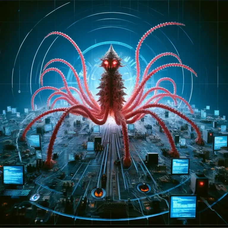 DALL·E 2024 04 05 09.11.58 Visualizza unimmagine che rappresenti il malware Latrodectus che sostituisce IcedID nelle violazioni di rete. Immagina una scena digitale dove un