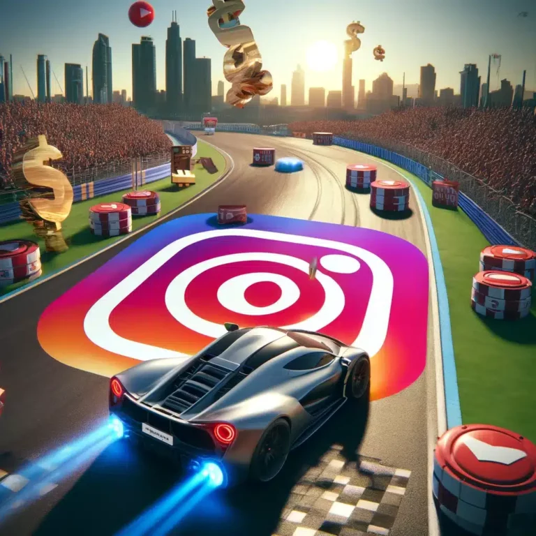 DALL·E 2024 04 06 09.33.00 Rappresenta unimmagine che illustra il sorpasso di Instagram su YouTube in termini di ricavi pubblicitari. Immagina una pista di gara dove il logo di