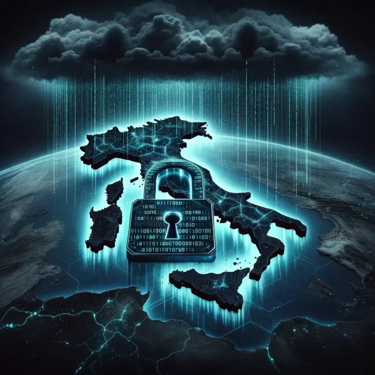 DALL·E 2024 05 04 13.25.05 A dramatic depiction of a ransomware attack on a map of Italy. The image features a large menacing digital lock overlaying the country symbolizing a