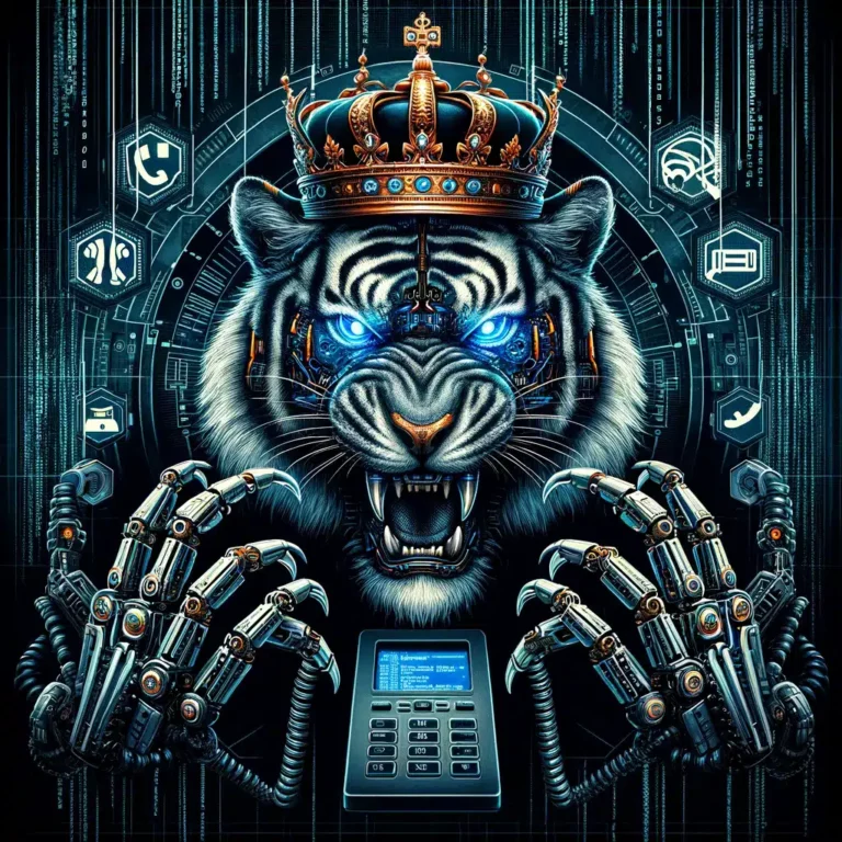 DALL·E 2024 05 14 12.57.58 Create an image of a cyber threat actor named Royal Tiger who specializes in robot calls. The image should feature a menacing tiger with a crown and r