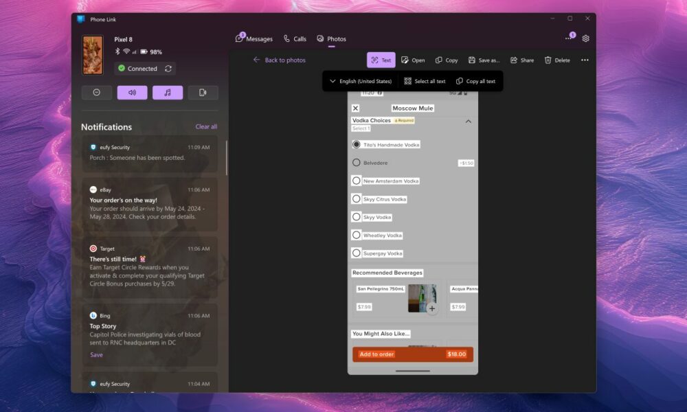 Microsoft Phone Link: funzione OCR copia del Testo dalle immagini -fonte Windows Central