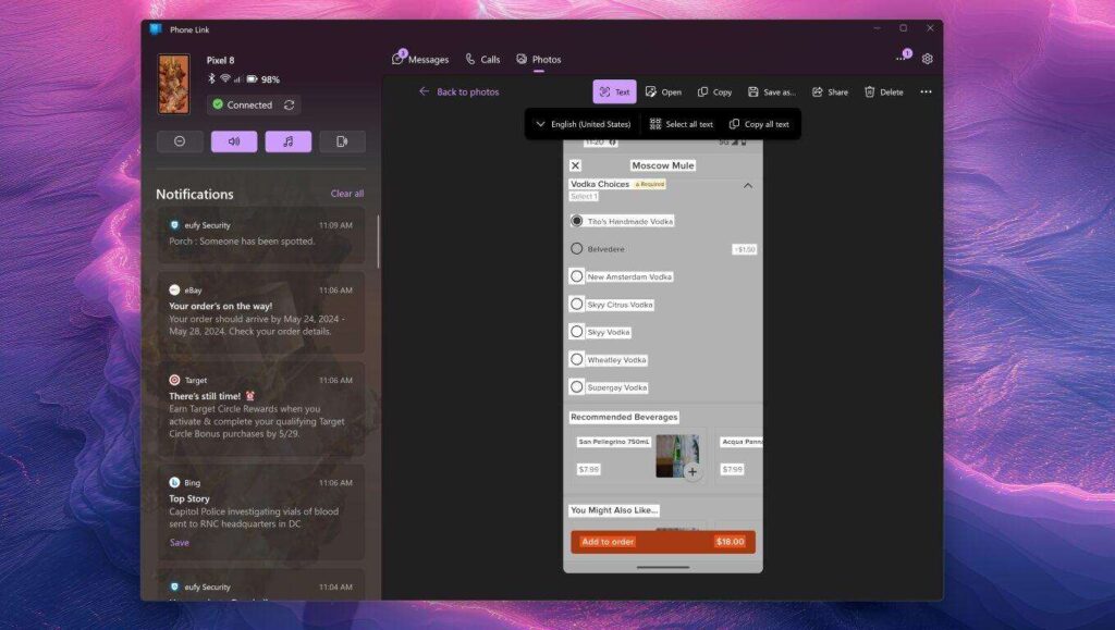 Microsoft Phone Link: funzione OCR copia del Testo dalle immagini -fonte Windows Central