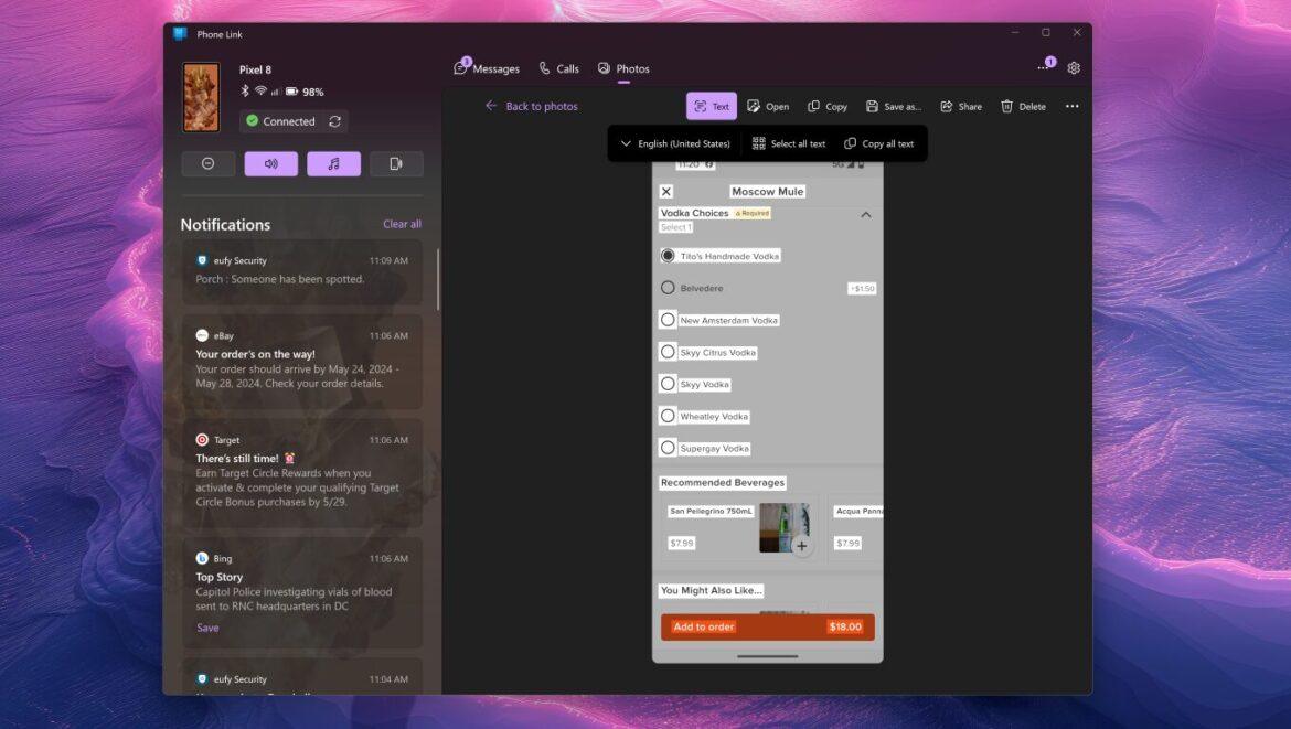 Microsoft Phone Link: funzione OCR copia del Testo dalle immagini -fonte Windows Central