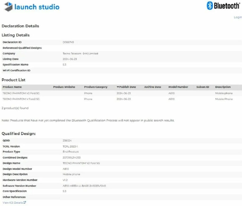 Tecno Phantom V2 Fold: certificazione Bluetooth SIG e Specifiche 6 image 209 1