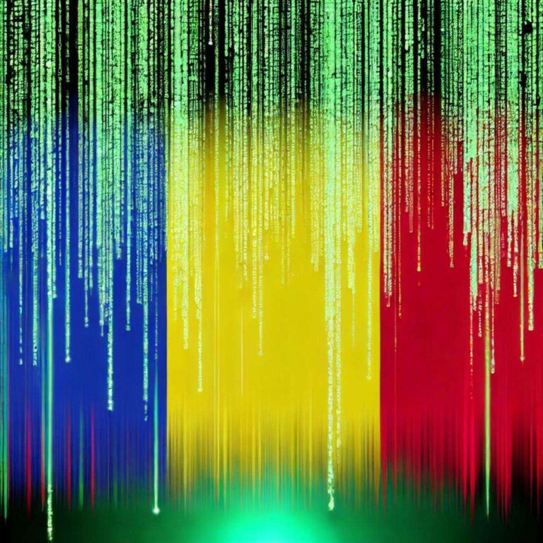 A creative version of the Romanian flag designed in a Matrix style theme. The flags vertical stripes in blue yellow and red are rendered with a dig