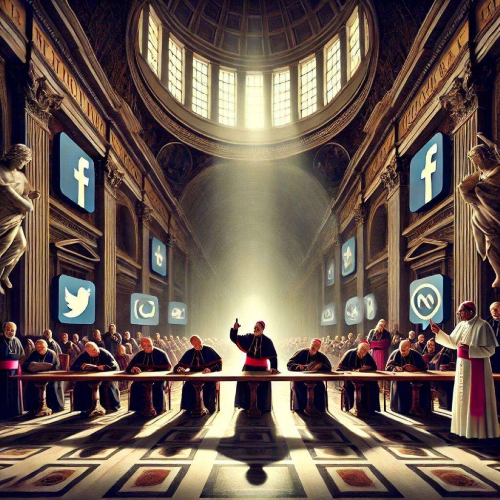 An artistic representation of misinformation in the Vatican about gender dysphoria. The scene shows a grand Vatican hall with a mix of traditional Cat
