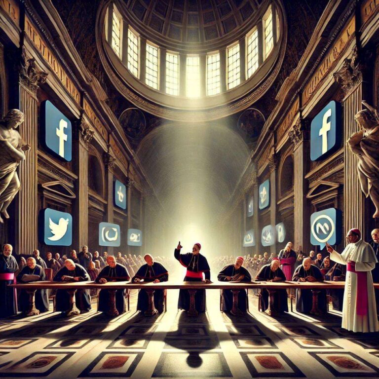 An artistic representation of misinformation in the Vatican about gender dysphoria. The scene shows a grand Vatican hall with a mix of traditional Cat