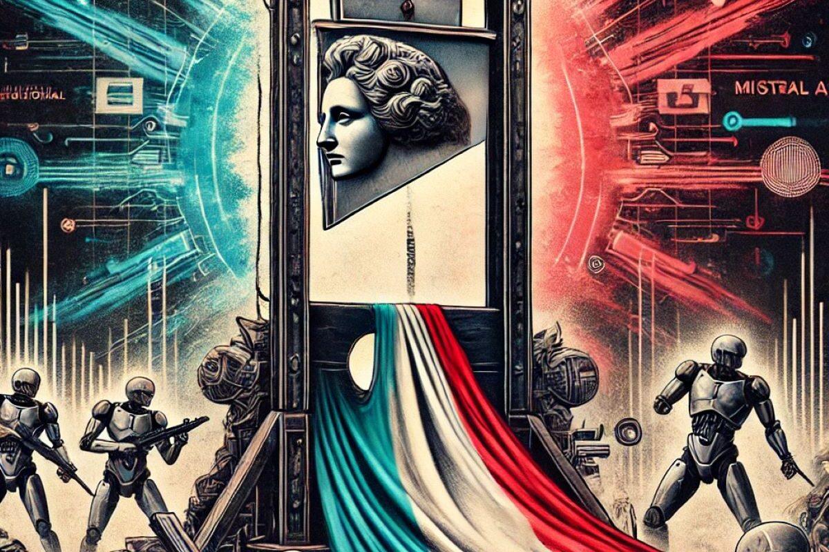 A dramatic illustration depicting Mistral AI as the guillotine of Italian artificial intelligence.