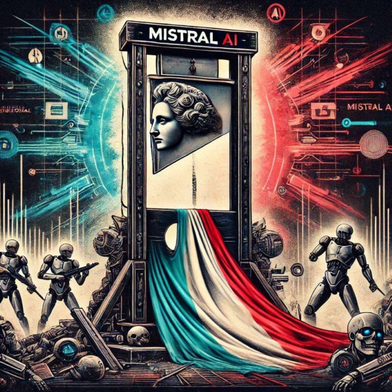 A dramatic illustration depicting Mistral AI as the guillotine of Italian artificial intelligence.