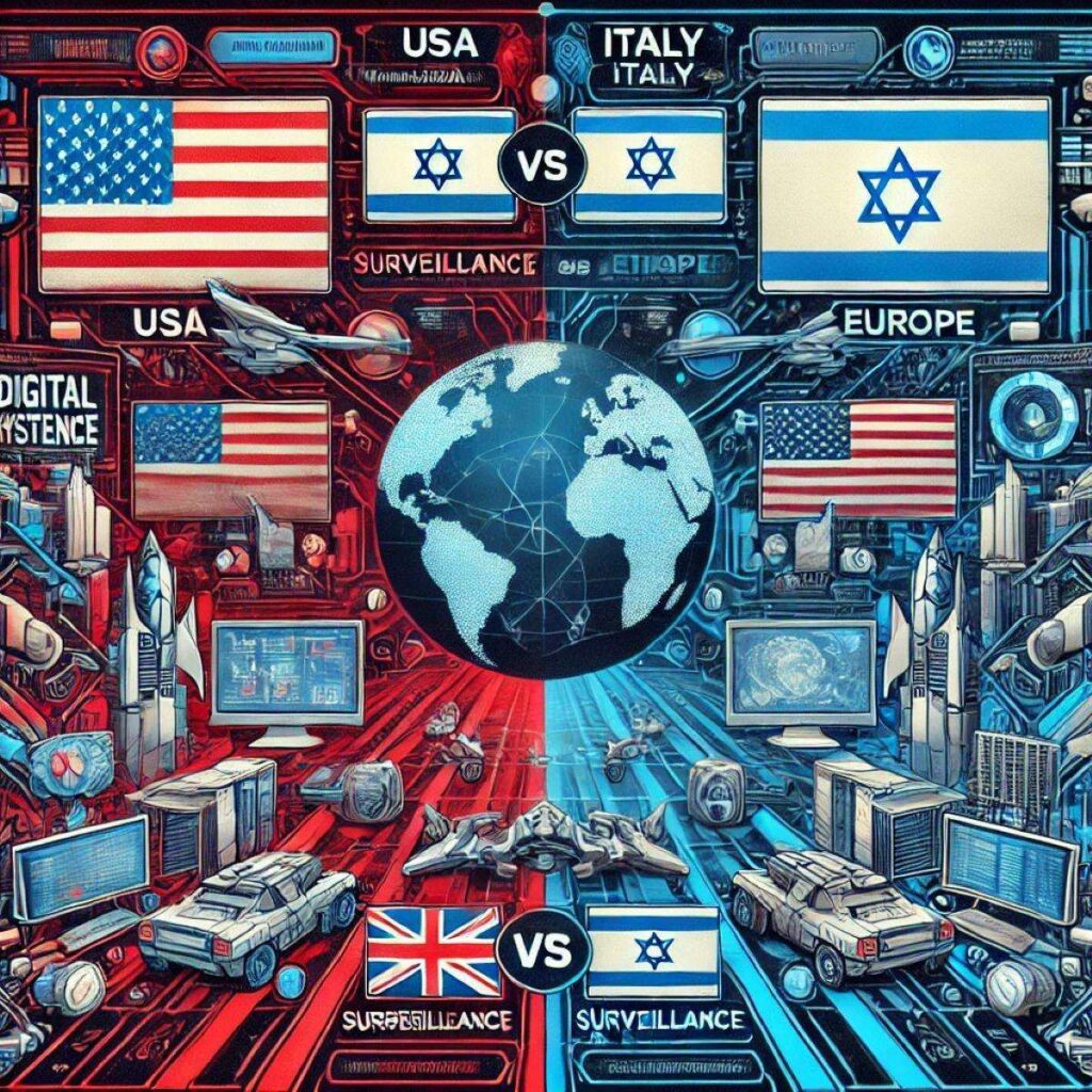 Il caso Paragon spiegato bene quanto le dimissioni della Belloni 2 A geopolitical illustration representing the conflict between the USA Israel and Italy versus the UK and Europe over technology and intelligence