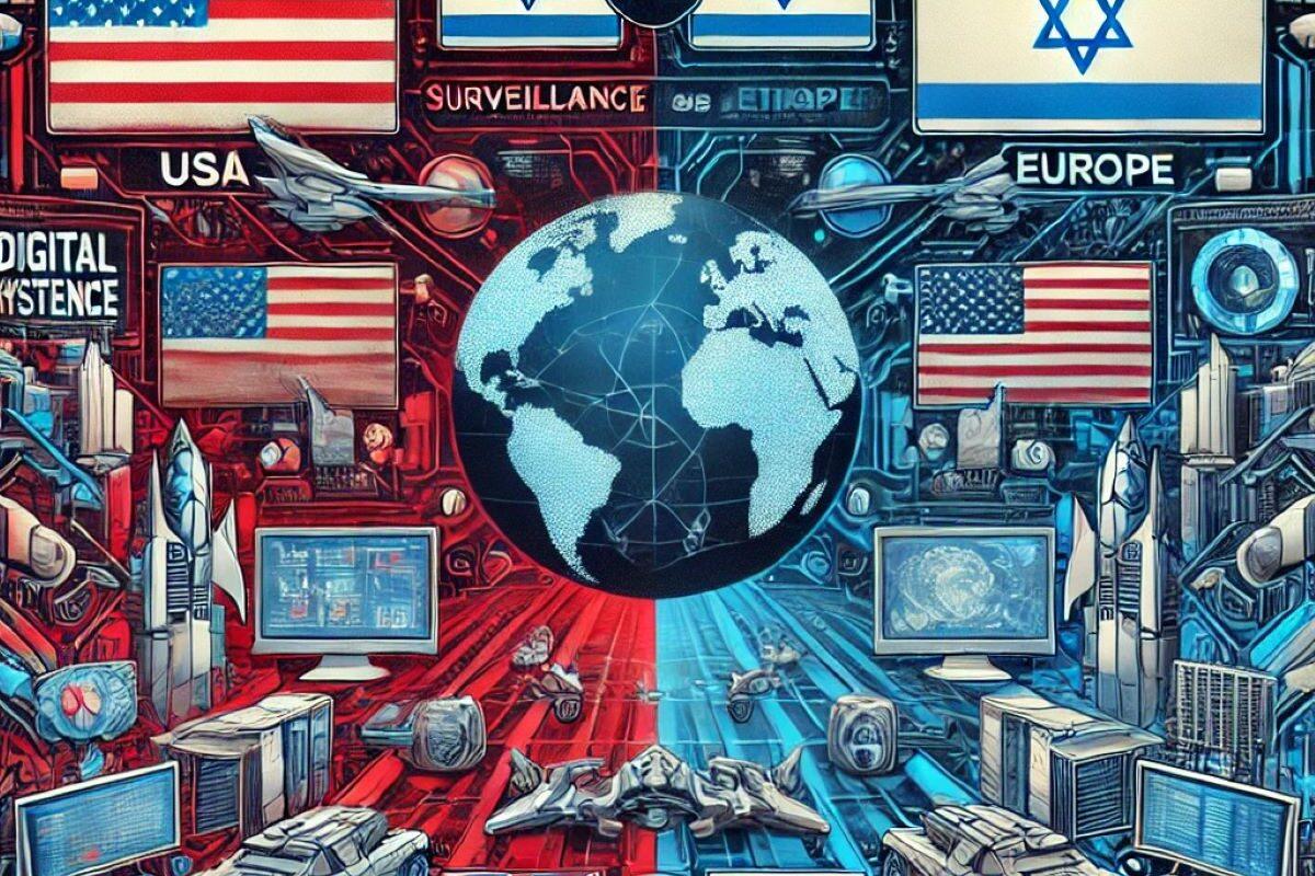 A geopolitical illustration representing the conflict between the USA Israel and Italy versus the UK and Europe over technology and intelligence