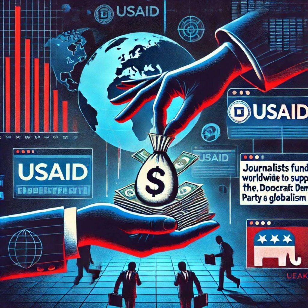 A political and investigative themed illustration depicting the USAID scandal involving journalists funded worldwide to support the U.S. Democratic Pa