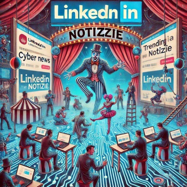 A satirical cyber themed illustration depicting the newsroom of LinkedIn Italia Notizie