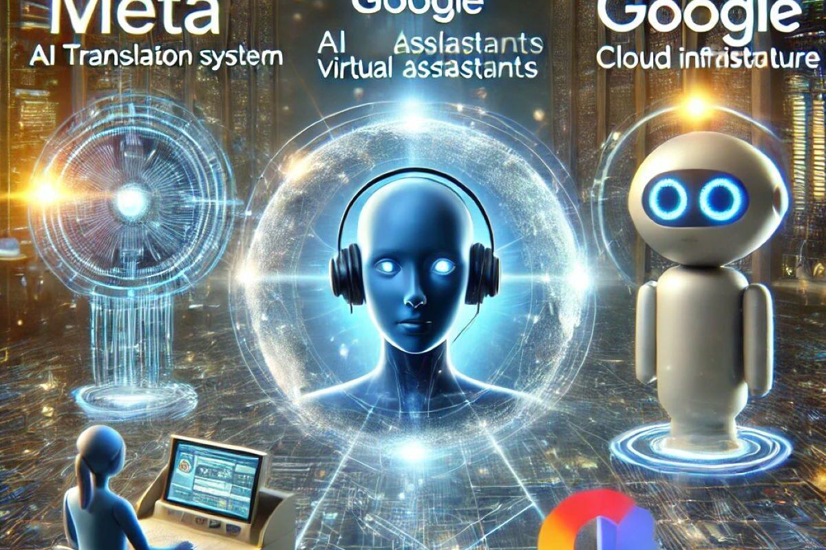 DALL·E 2025 02 11 10.58.19 A futuristic digital illustration representing Meta Google and Honors role in AI translation virtual assistants and cloud infrastructure. The ima