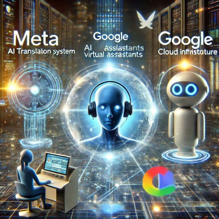DALL·E 2025 02 11 10.58.19 A futuristic digital illustration representing Meta Google and Honors role in AI translation virtual assistants and cloud infrastructure. The ima