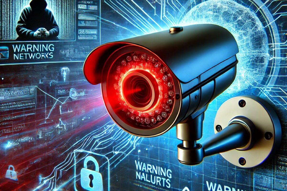 A cybersecurity themed digital illustration depicting a compromised smart security camera being exploited as part of a botnet attack. The image featur