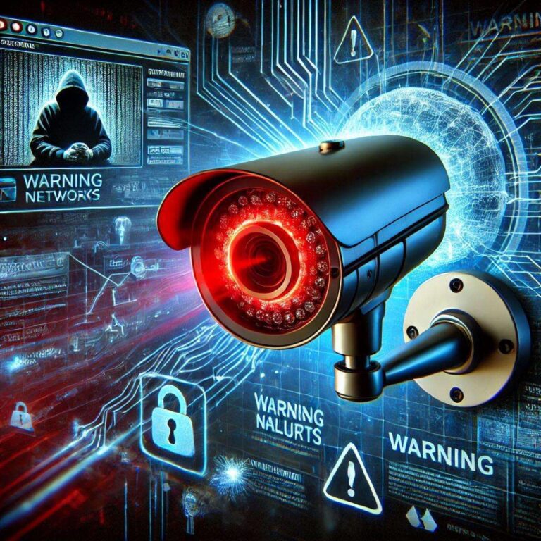 A cybersecurity themed digital illustration depicting a compromised smart security camera being exploited as part of a botnet attack. The image featur