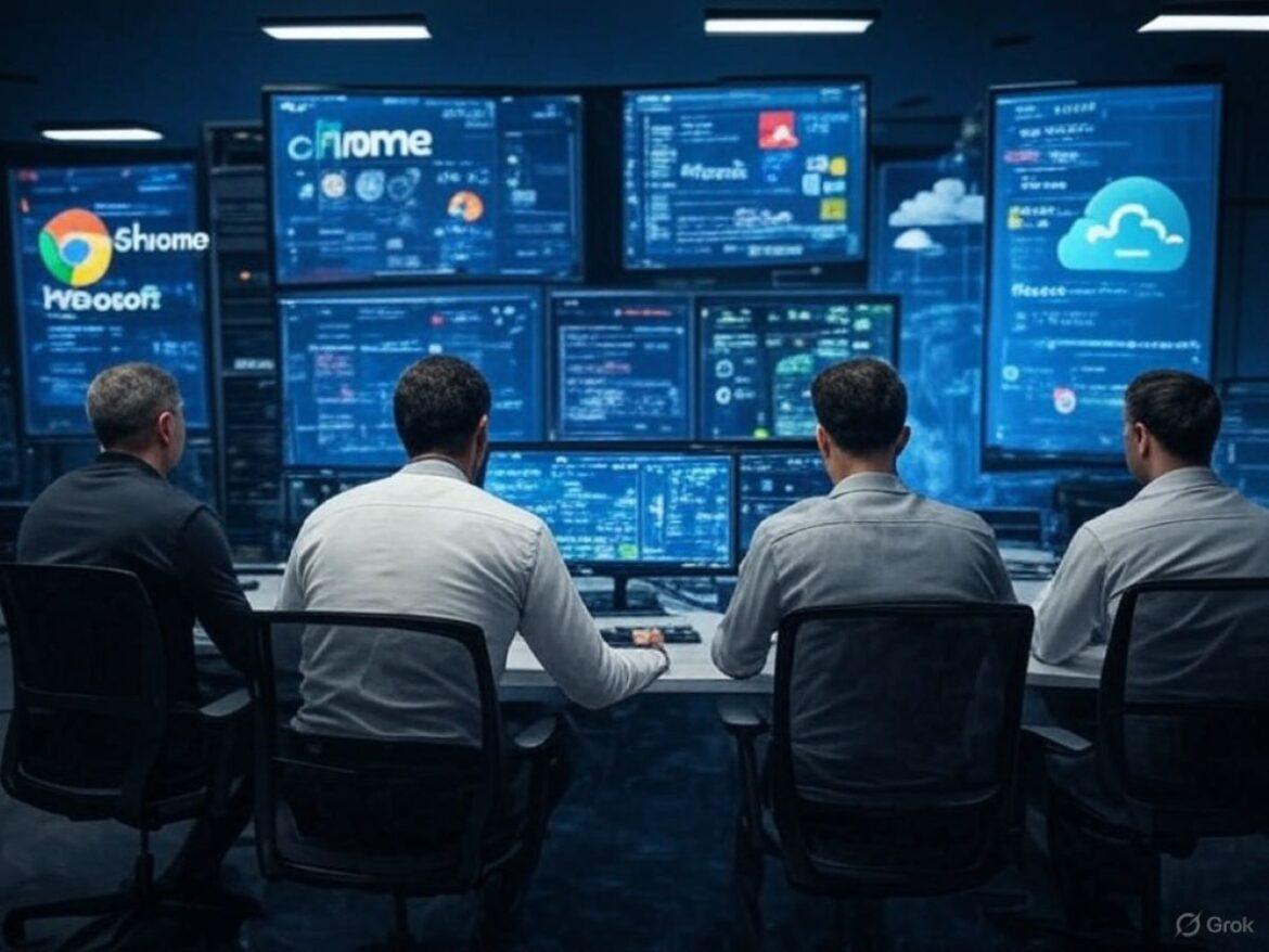 Chrome, Microsoft, Veeam, Broadcom e Cloudflare Un centro operativo high-tech dove analisti della sicurezza monitorano schermi che mostrano notifiche di aggiornamento da Chrome, Microsoft, Veeam, Broadcom e Cloudflare.