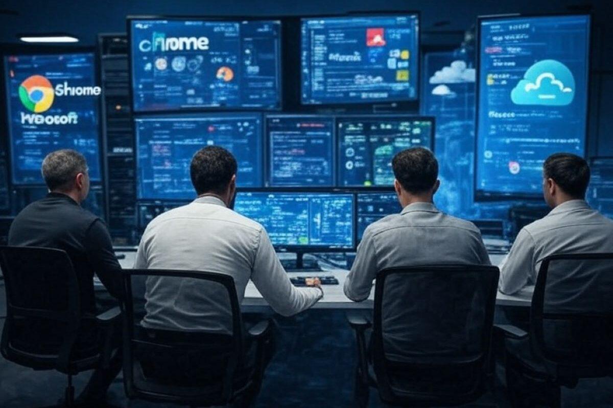 Un centro operativo high-tech dove analisti della sicurezza monitorano schermi che mostrano notifiche di aggiornamento da Chrome, Microsoft, Veeam, Broadcom e Cloudflare.